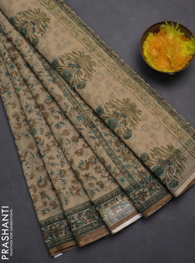 Kota doria saree beige teal green and dark sandal with allover block prints and printed border