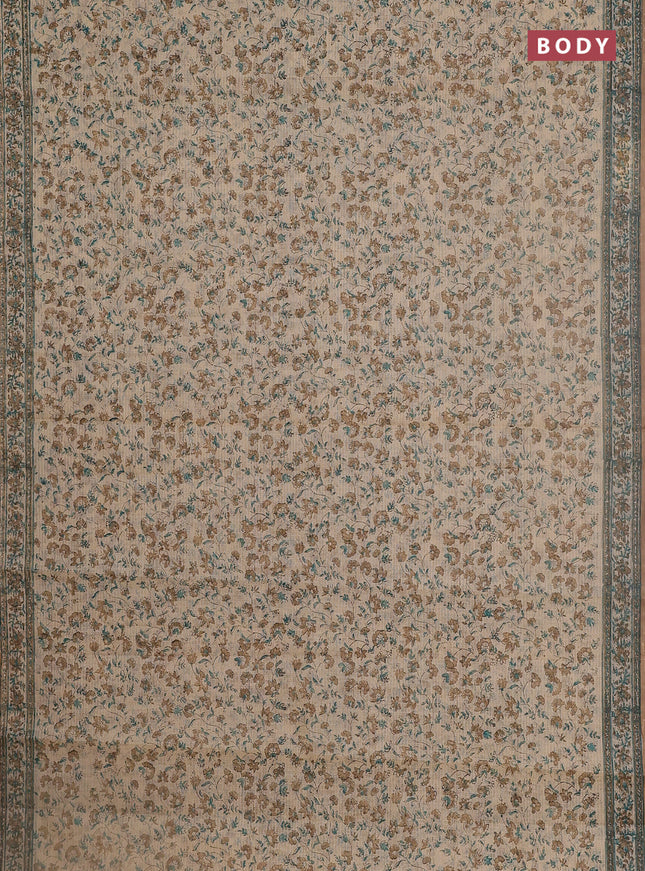 Kota doria saree beige teal green and dark sandal with allover block prints and printed border