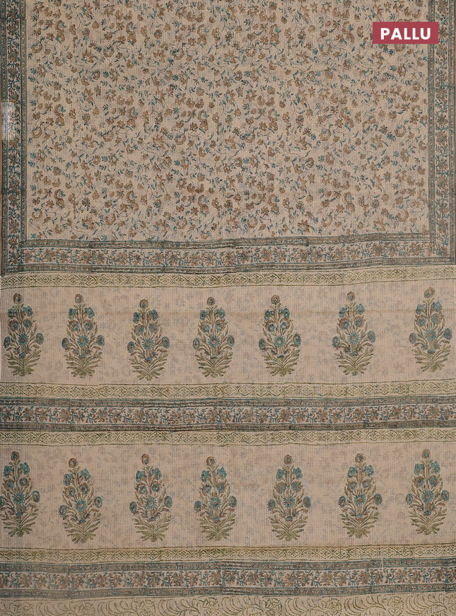 Kota doria saree beige teal green and dark sandal with allover block prints and printed border