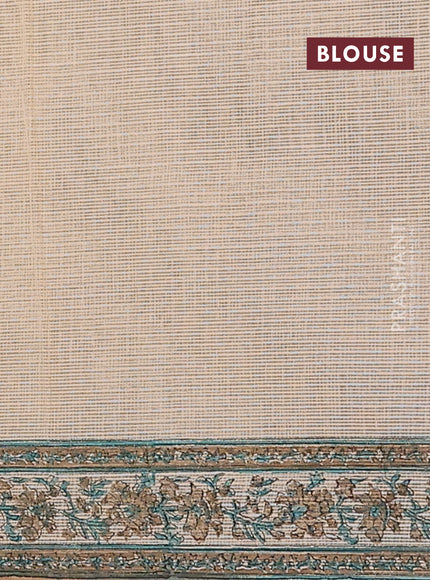 Kota doria saree beige teal green and dark sandal with allover block prints and printed border