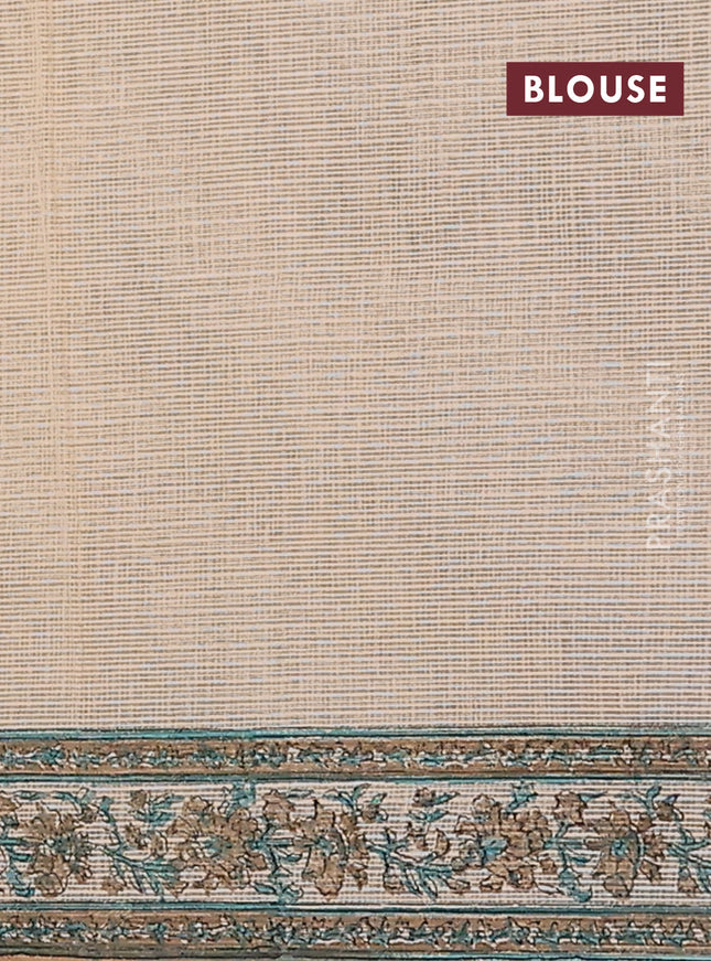 Kota doria saree beige teal green and dark sandal with allover block prints and printed border