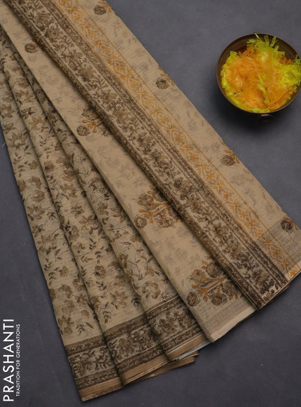 Kota doria saree beige and dark sandal with allover block prints and printed border