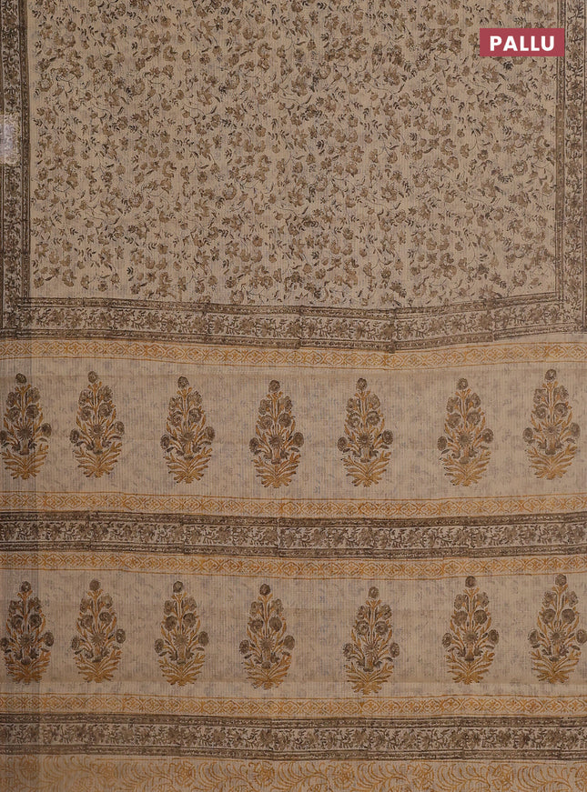 Kota doria saree beige and dark sandal with allover block prints and printed border