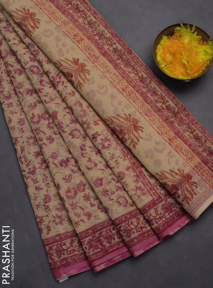 Kota doria saree beige and pink with allover block prints and printed border