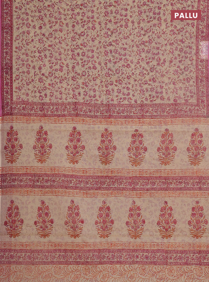 Kota doria saree beige and pink with allover block prints and printed border