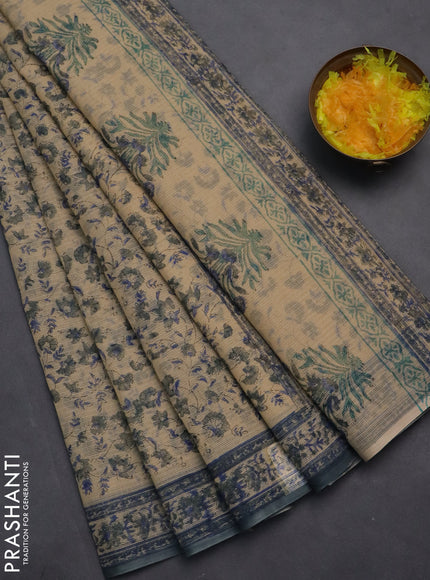 Kota doria saree beige and grey with allover block prints and printed border