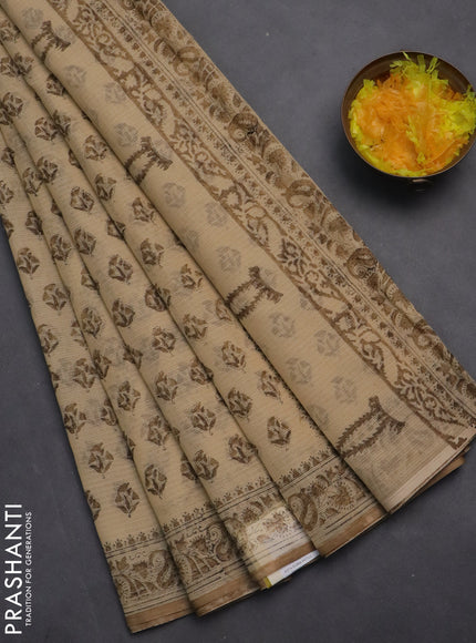 Kota doria saree beige and dark sadal with allover block prints and printed border
