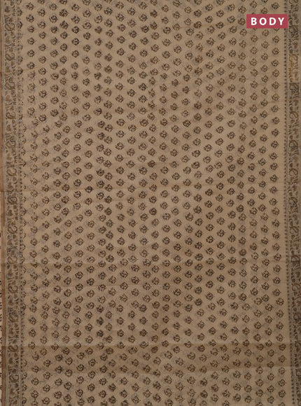 Kota doria saree beige and dark sadal with allover block prints and printed border