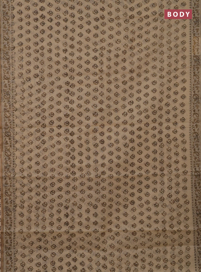 Kota doria saree beige and dark sadal with allover block prints and printed border