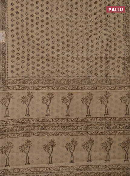 Kota doria saree beige and dark sadal with allover block prints and printed border