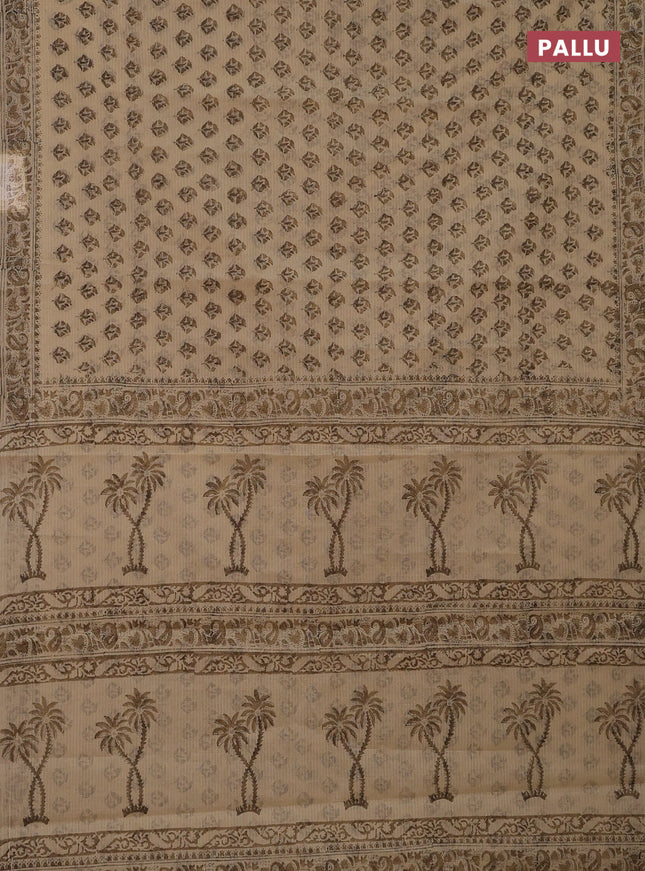Kota doria saree beige and dark sadal with allover block prints and printed border