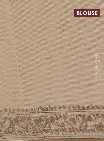 Kota doria saree beige and dark sadal with allover block prints and printed border
