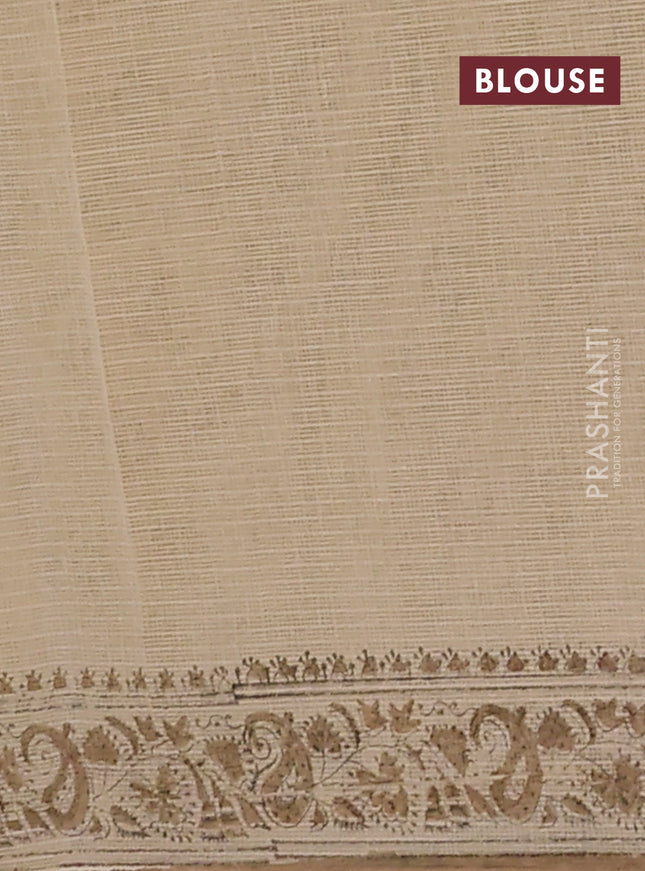 Kota doria saree beige and dark sadal with allover block prints and printed border