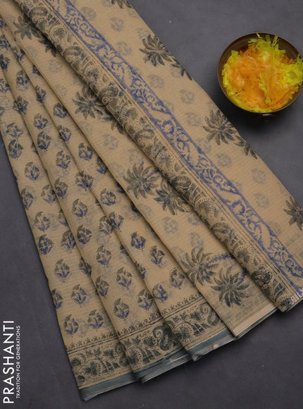 Kota doria saree beige and grey with allover block prints and printed border