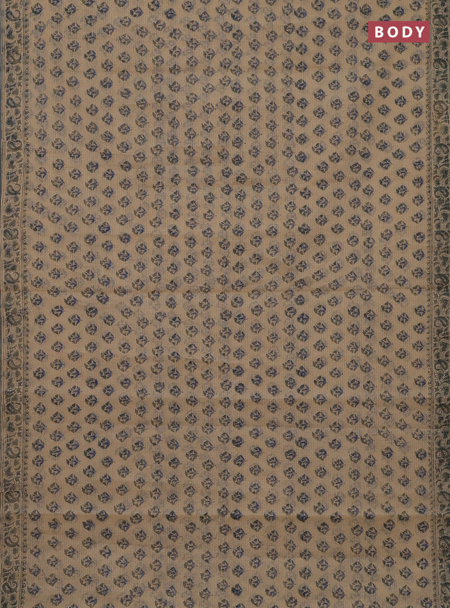 Kota doria saree beige and grey with allover block prints and printed border