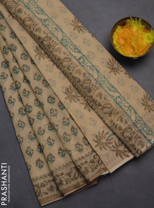Kota doria saree beige teal green and dark sandal with allover block prints and printed border