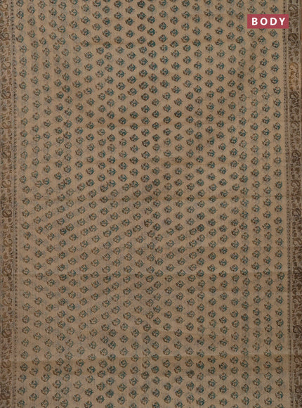 Kota doria saree beige teal green and dark sandal with allover block prints and printed border