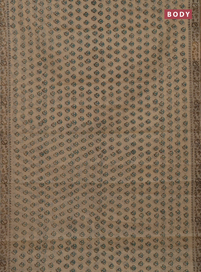 Kota doria saree beige teal green and dark sandal with allover block prints and printed border