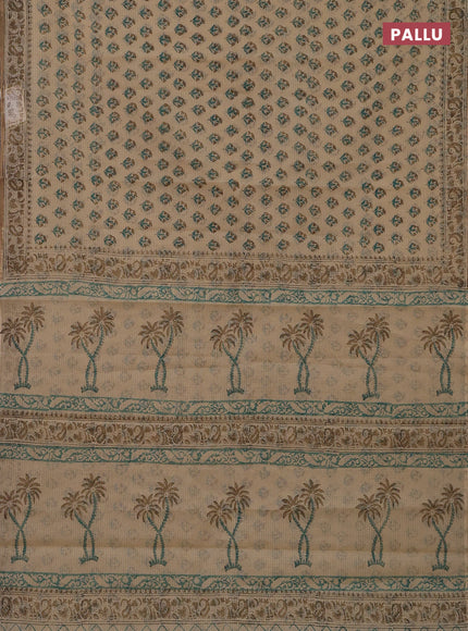 Kota doria saree beige teal green and dark sandal with allover block prints and printed border