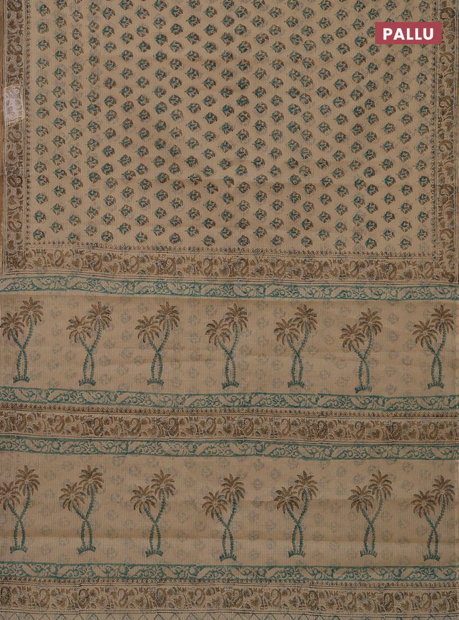 Kota doria saree beige teal green and dark sandal with allover block prints and printed border
