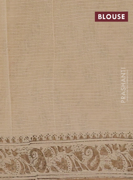 Kota doria saree beige teal green and dark sandal with allover block prints and printed border