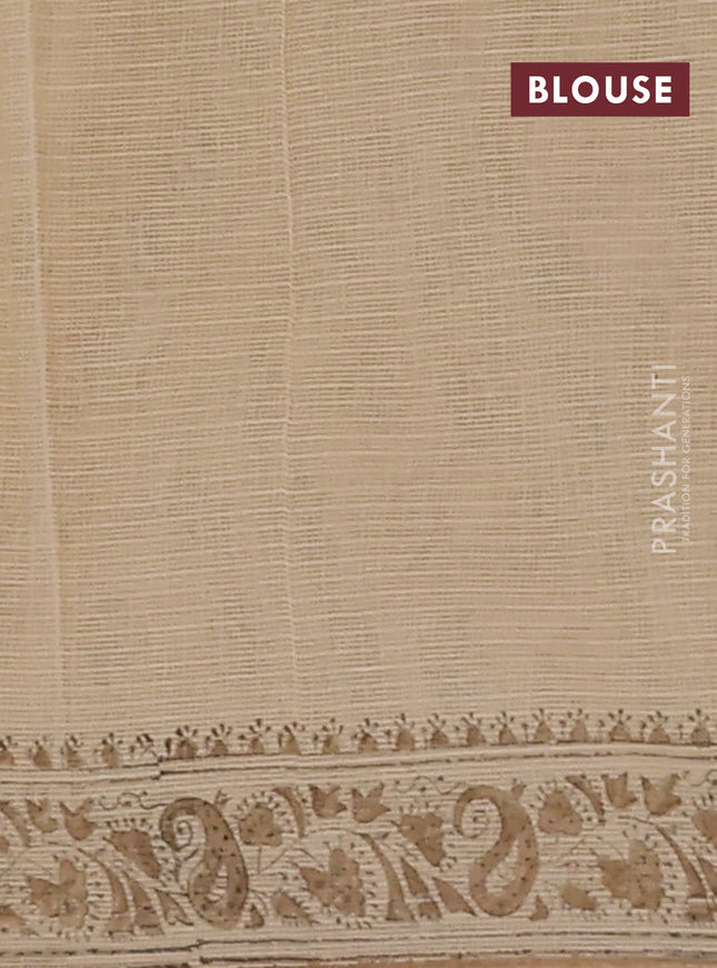 Kota doria saree beige teal green and dark sandal with allover block prints and printed border