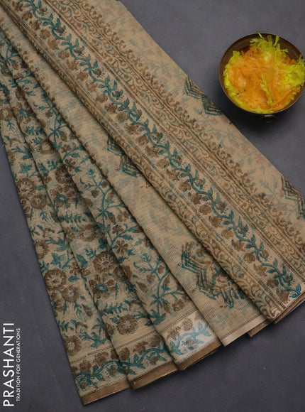 Kota doria saree beige and dark sandal with allover block prints and printed border