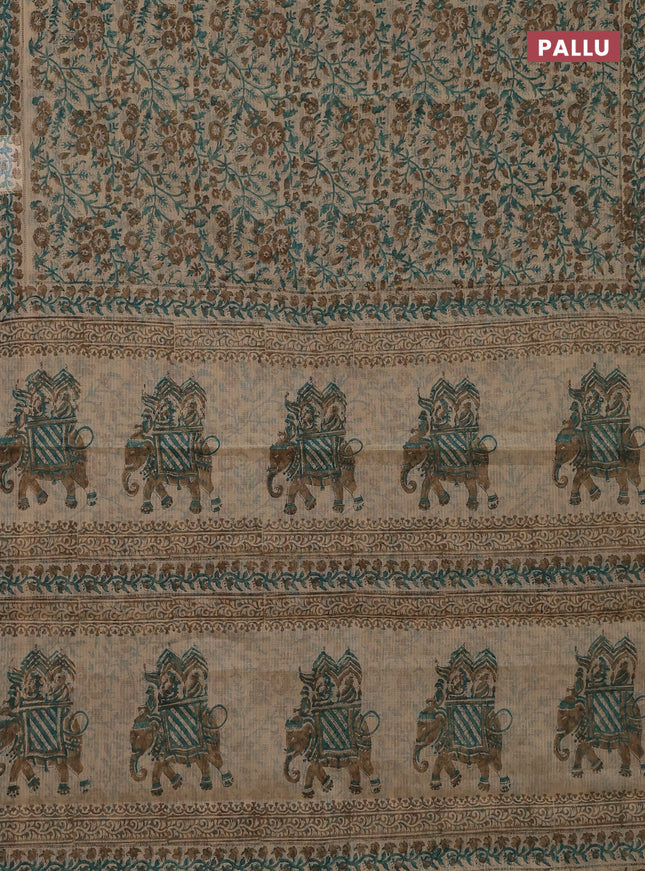 Kota doria saree beige and dark sandal with allover block prints and printed border