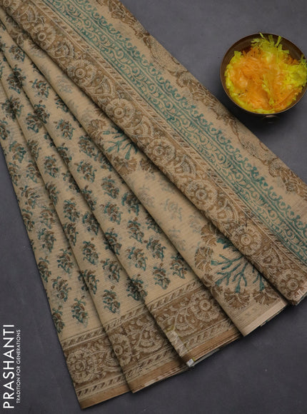 Kota doria saree beige and dark sandal with allover block prints and printed border