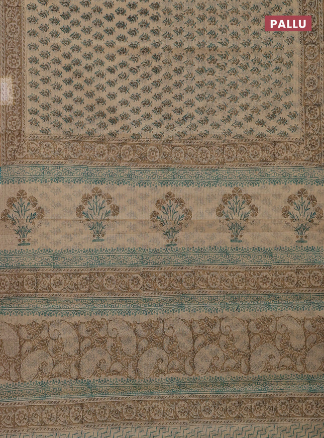 Kota doria saree beige and dark sandal with allover block prints and printed border