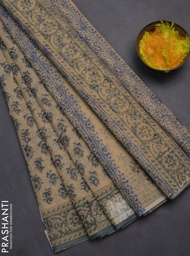 Kota doria saree beige and grey with allover block prints and printed border