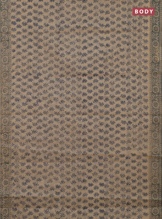 Kota doria saree beige and grey with allover block prints and printed border