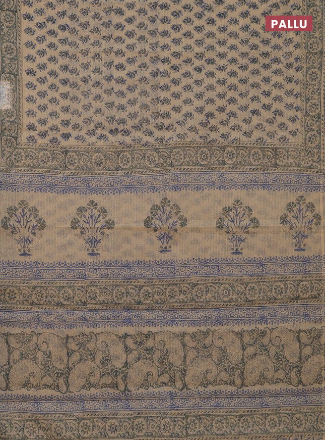 Kota doria saree beige and grey with allover block prints and printed border