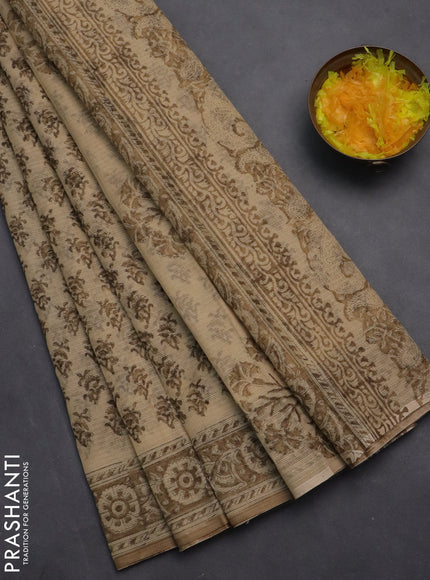 Kota doria saree beige and dark sandal with allover block prints and printed border