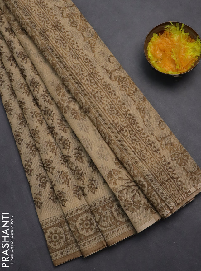 Kota doria saree beige and dark sandal with allover block prints and printed border