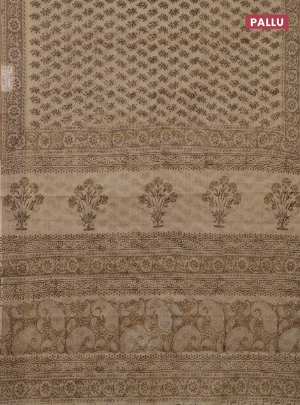 Kota doria saree beige and dark sandal with allover block prints and printed border