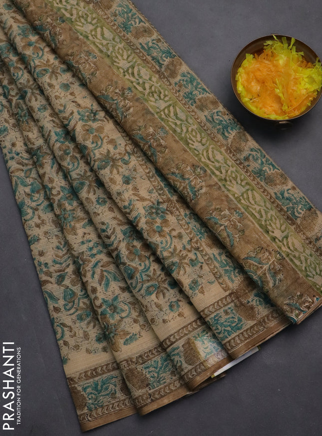 Kota doria saree beige and sandal with allover block prints and printed border