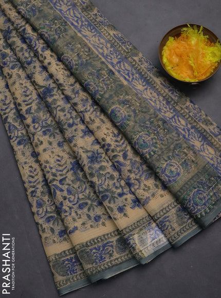 Kota doria saree beige blue and grey with allover block prints and printed border