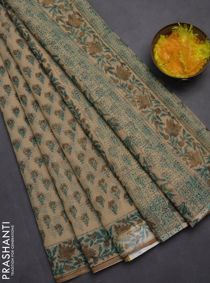 Kota doria saree beige teal green and dark sandal with allover block prints and printed border