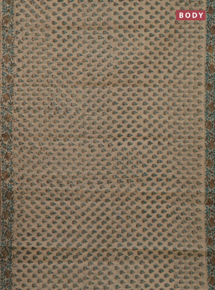 Kota doria saree beige teal green and dark sandal with allover block prints and printed border