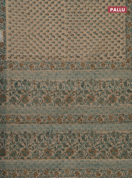 Kota doria saree beige teal green and dark sandal with allover block prints and printed border