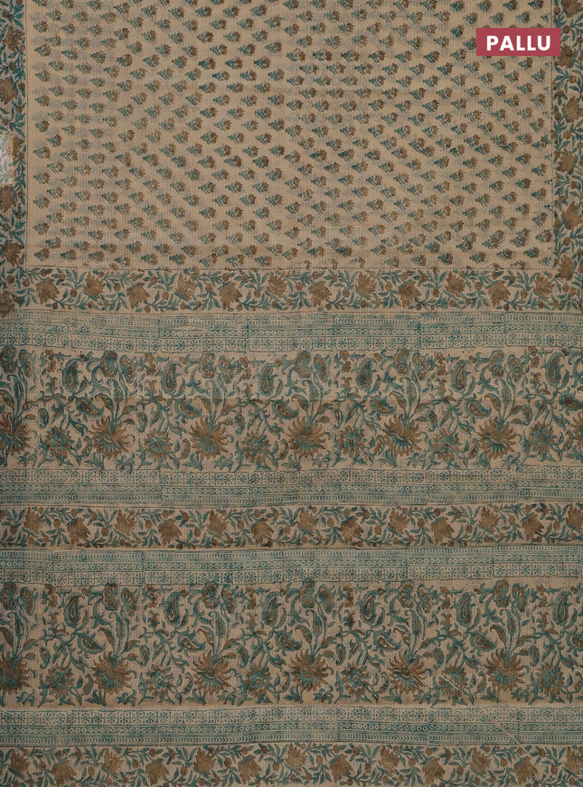 Kota doria saree beige teal green and dark sandal with allover block prints and printed border