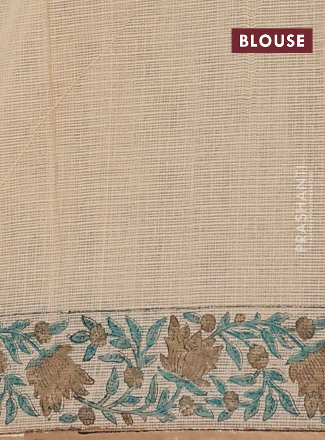 Kota doria saree beige teal green and dark sandal with allover block prints and printed border