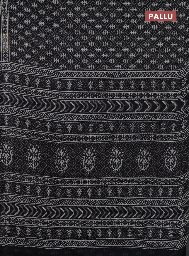 Kota doria saree black and off white with allover dabu prints and printed border