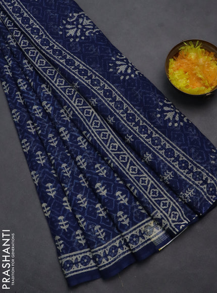 Kota doria saree indigo blue and cream with allover dabu prints and printed border