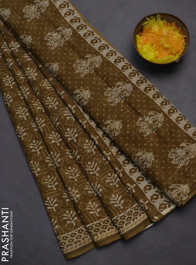 Kota doria saree mehendi green and off white with allover dabu prints and printed border