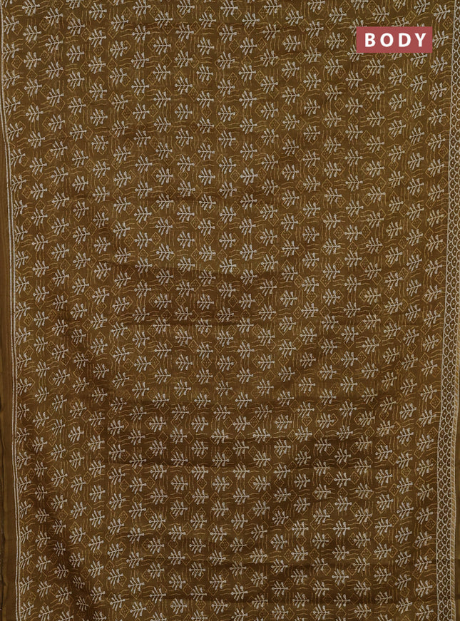 Kota doria saree mehendi green and off white with allover dabu prints and printed border