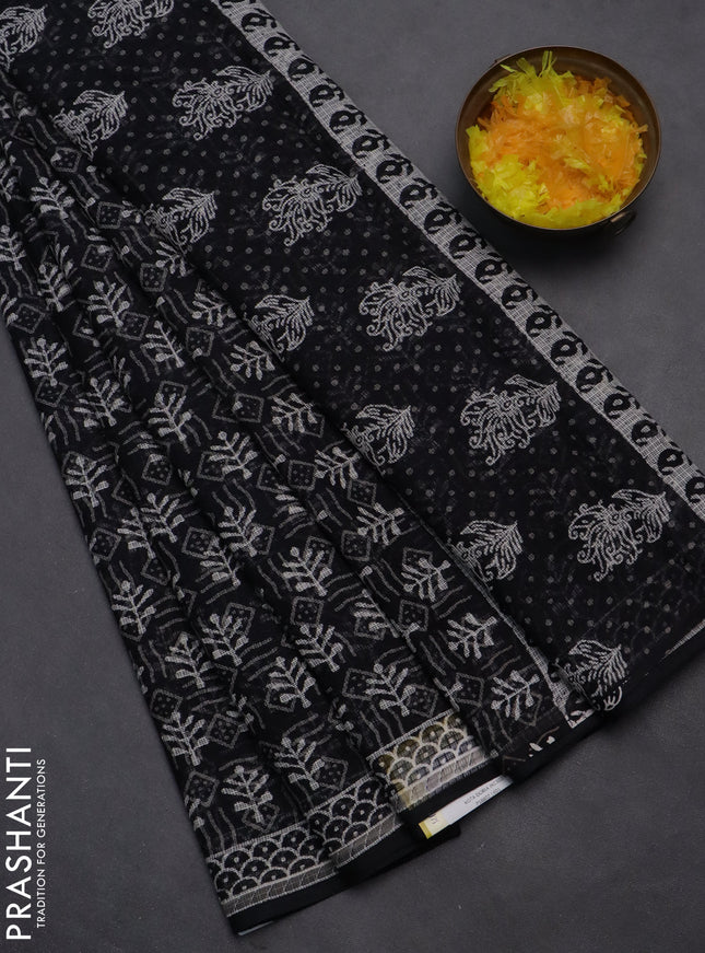 Kota doria saree black and off white with allover dabu prints and printed border