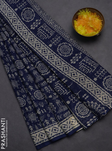 Kota doria saree blue and cream with allover warli prints and printed border
