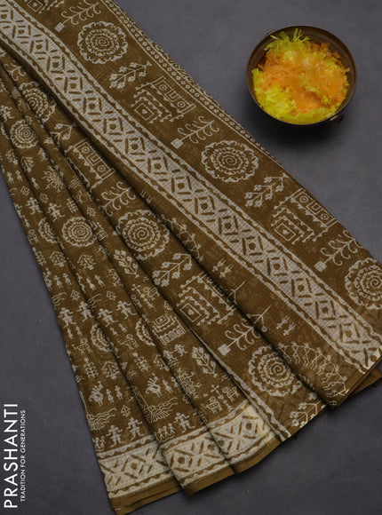 Kota doria saree mehendi green and cream with allover warli prints and printed border